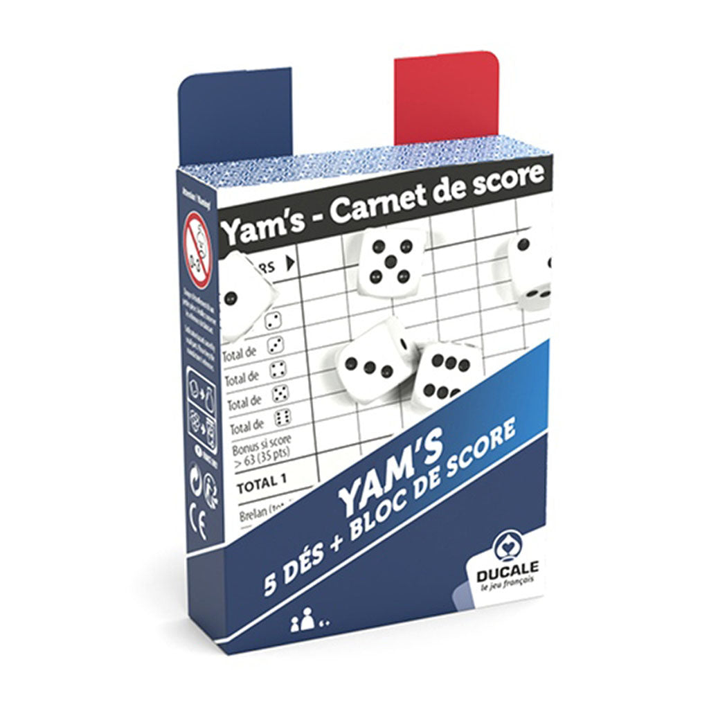 Jeu yams complet avec 5 dés, bloc pour points et règle du jeu yam's